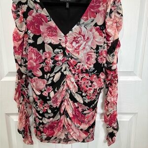 White House Black Market Pink and Black Floral Blouse